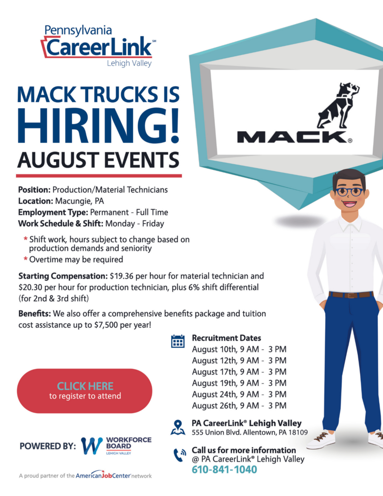 Mack Trucks flyer for August hiring events
